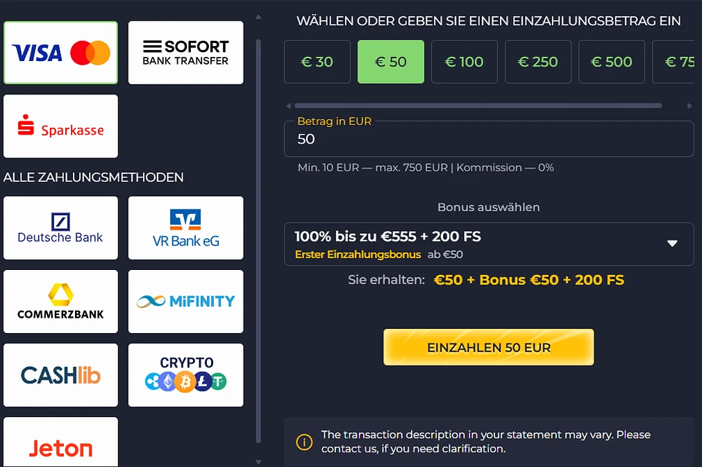 Einzahlung im Rolling Slots Casino